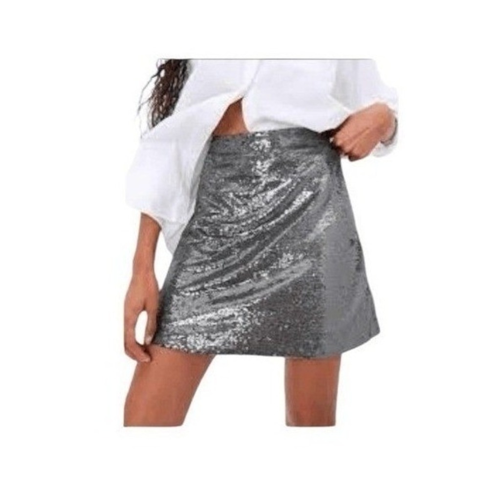 Gap‎ Silver Recycled Sequin Metallic Mini Skirt Grey Zipper Closure 10 - Picture 2 of 9